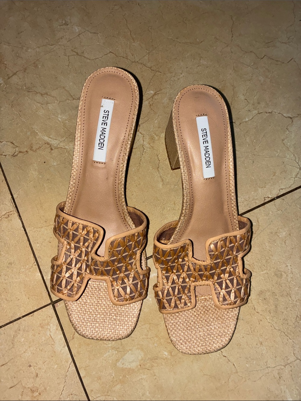 Steve Madden Woven Tan Open-Toe Slide Heels